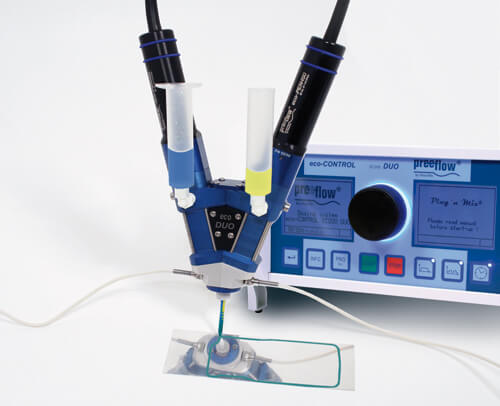 Precision adjustable two part metering and mixing