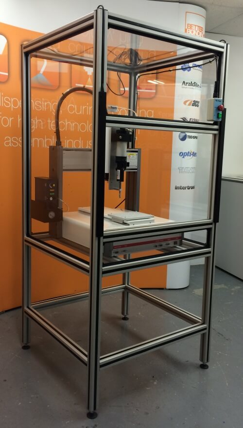 Robot workstation for precision benchtop dispensing two part adhesives