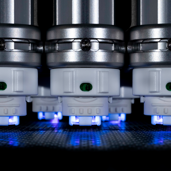 Multiple PZ3-i piezobursh plasma treatment systems suspended over a part